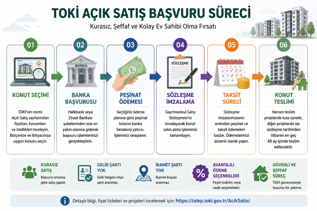 TOKİ Açık Satış Başvurusu Nasıl Yapılır? Banka İşlemleri ve Gerekli Şartlar 3 TOKİ Açık Satış Başvuru Süreci