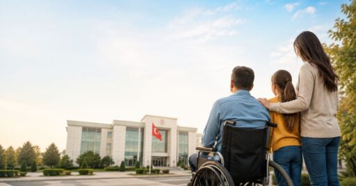 Engelli maaşı ne zaman yatar sorusunu temsil eden resmi kurum önündeki engelli birey ve ailesi