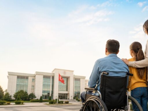 Engelli maaşı ne zaman yatar sorusunu temsil eden resmi kurum önündeki engelli birey ve ailesi