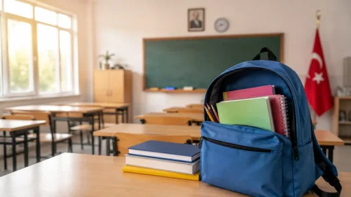 İlkokul sınıfında öğrencinin çantası ve ders kitapları