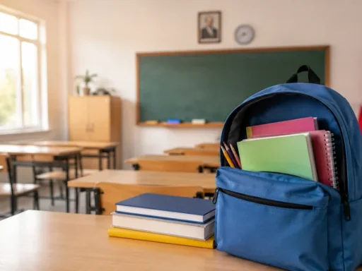 İlkokul sınıfında öğrencinin çantası ve ders kitapları