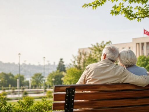 Emekli Maaşı Rehberi için parkta oturan yaşlı çift ve kamu binası görünümü